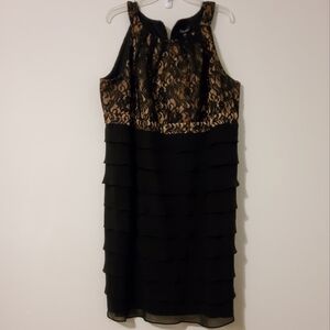 S.L.Fashions Black/Gold Lace Sleeveless Halter Ruffles Sheath Dress